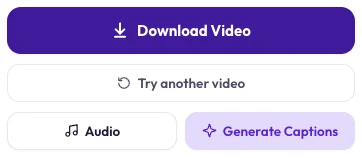 Clipzy result buttons: Download Video, Try another video, Audio and Generate Captions