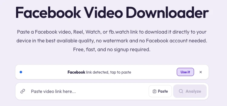 Clipzy Facebook Video Downloader with a "Facebook link detected, tap to paste" banner above the link box