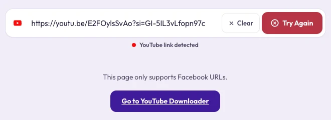 Clipzy Facebook downloader showing "This page only supports Facebook URLs" after a YouTube link was pasted, with a Go to YouTube Downloader button