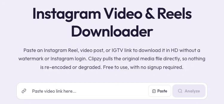 Clipzy Instagram Video and Reels Downloader page with the paste link box
