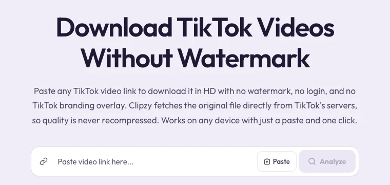 Clipzy TikTok downloader page for saving TikTok videos without a watermark