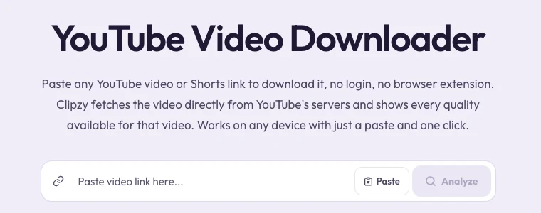 Clipzy YouTube Video Downloader page with the paste link box and Analyze button