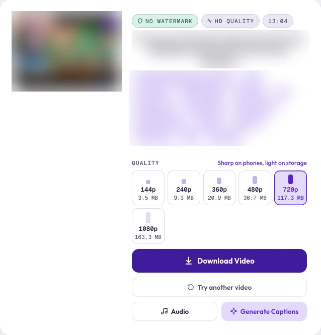Clipzy YouTube results screen with quality tiles from 144p to 1080p, each showing its file size, plus Download Video, Audio and Generate Captions buttons